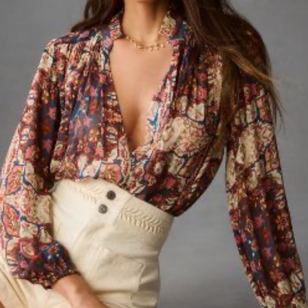 Anthropologie The Estela Sheer Printed Blouse Boho Floral Top